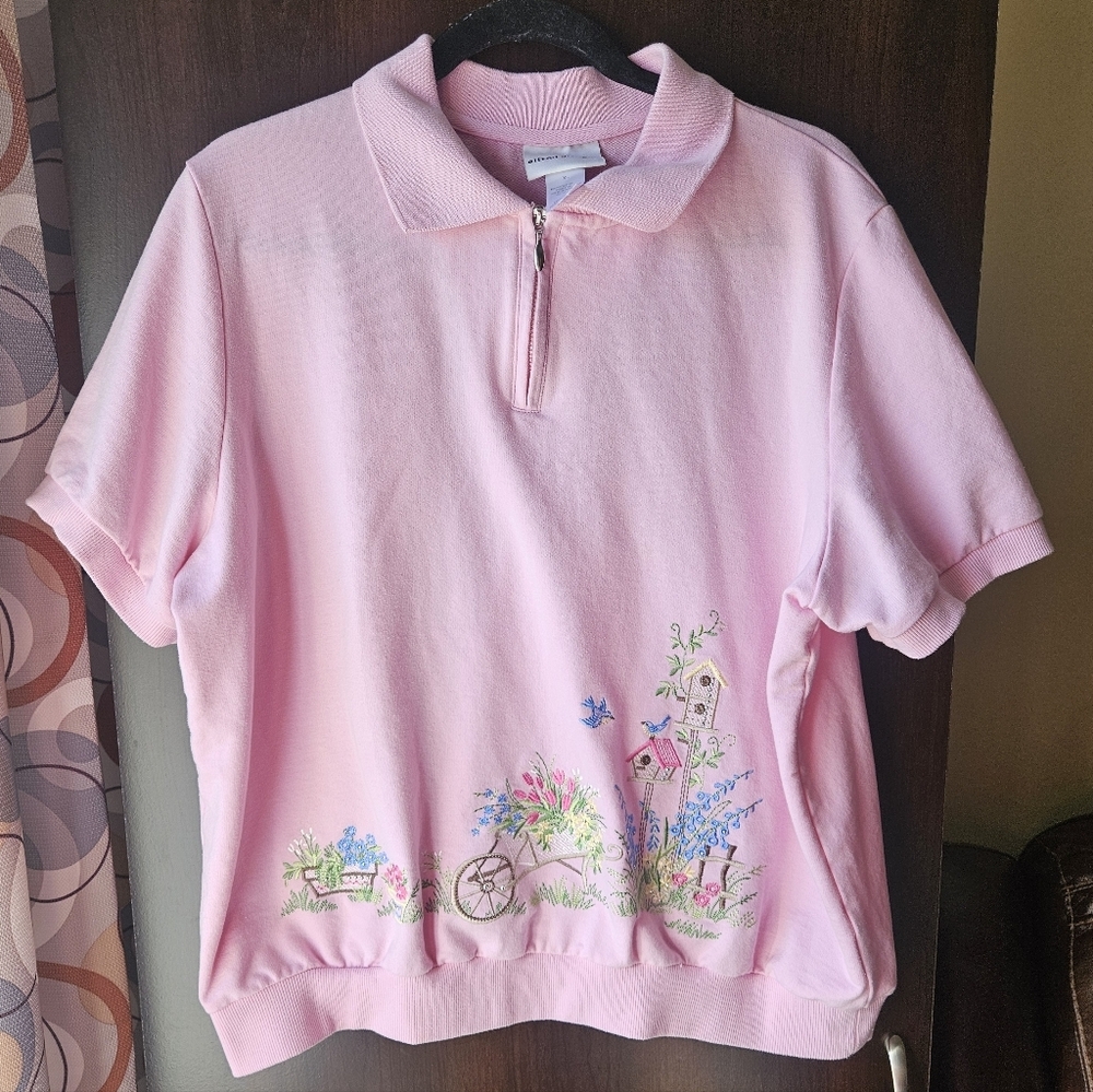 Alfred Dunner Pink Short Sleeve Quarter Zip